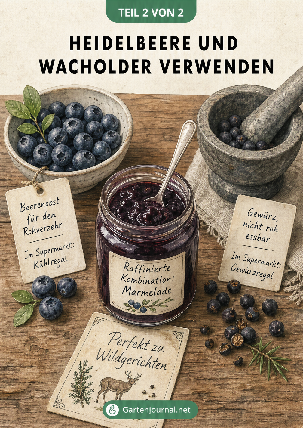 Illustration zur Verwendung von Heidelbeeren als Rohkost und Wacholderbeeren als Gewürz sowie deren Kombination