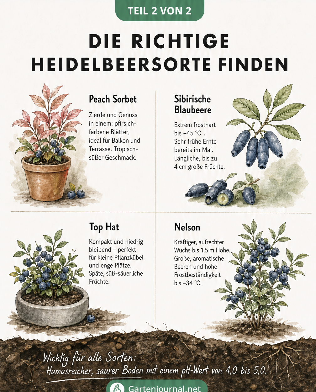 Illustration von vier unterschiedlichen Heidelbeer-Typen für verschiedene Garten-Herausforderungen, inklusive Bodenansprüchen.