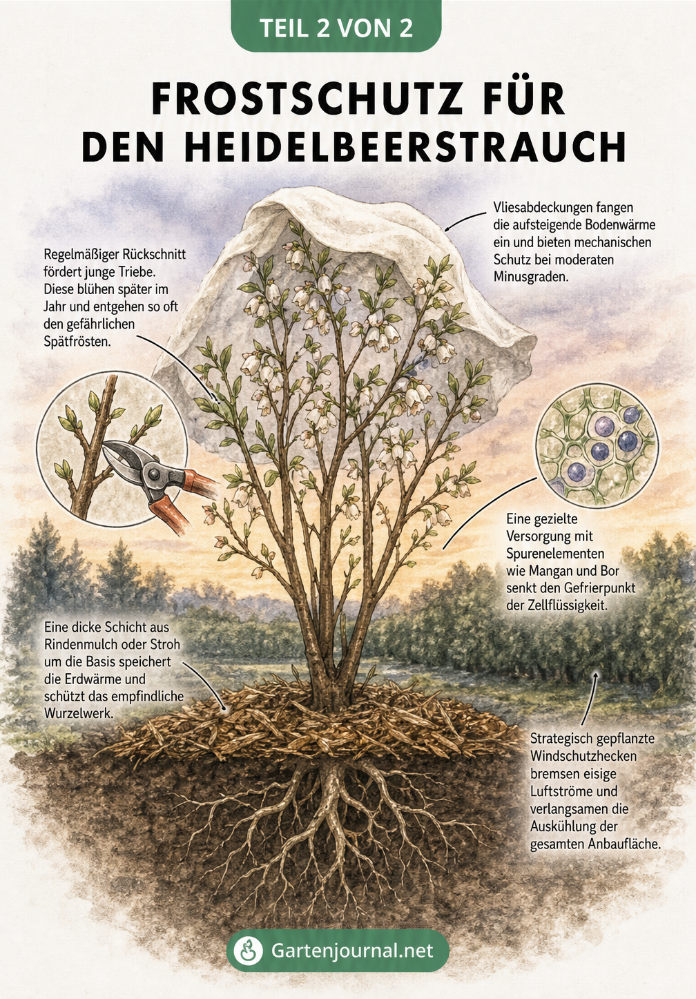 Illustration eines Heidelbeerstrauchs mit alternativen Frostschutzmethoden wie Vlies, Mulch und Windschutz