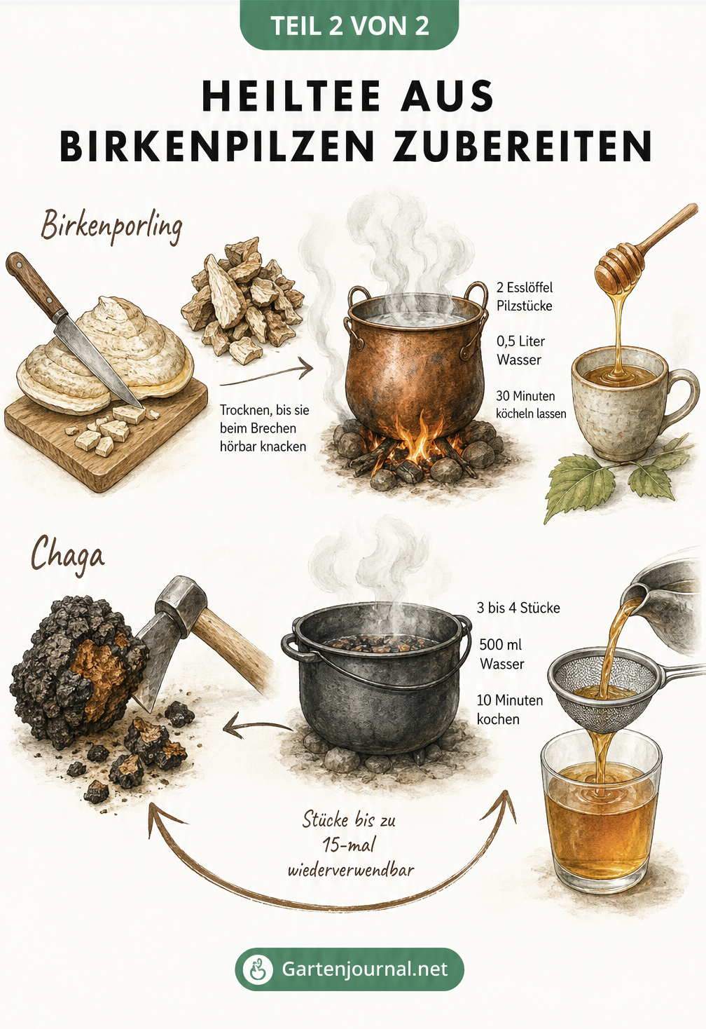 Illustration zur Zubereitung von Heiltee aus Birkenporling und Chaga-Pilz