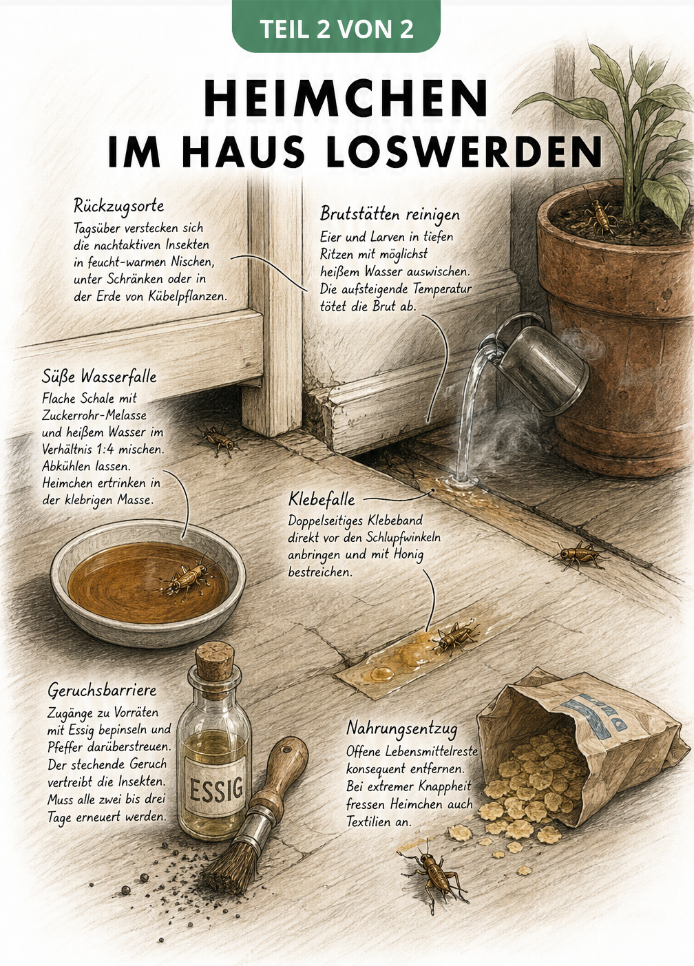 Illustration einer Raumecke mit Verstecken von Heimchen und verschiedenen Abwehrmaßnahmen wie Klebefallen und Geruchsbarrieren