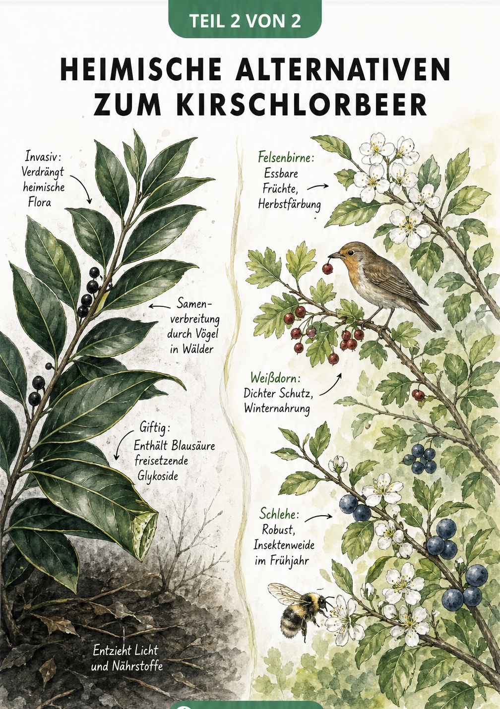 Vergleich zwischen invasivem Kirschlorbeer und heimischen Alternativen wie Felsenbirne, Weißdorn und Schlehe