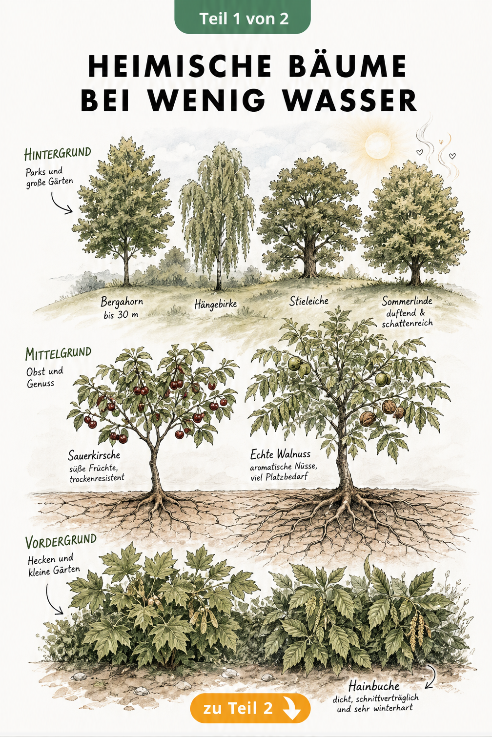 Illustration heimischer Bäume wie Feldahorn, Hainbuche, Sauerkirsche, Walnuss, Bergahorn, Hängebirke, Stieleiche und Sommerlinde in drei Landschaftsebenen