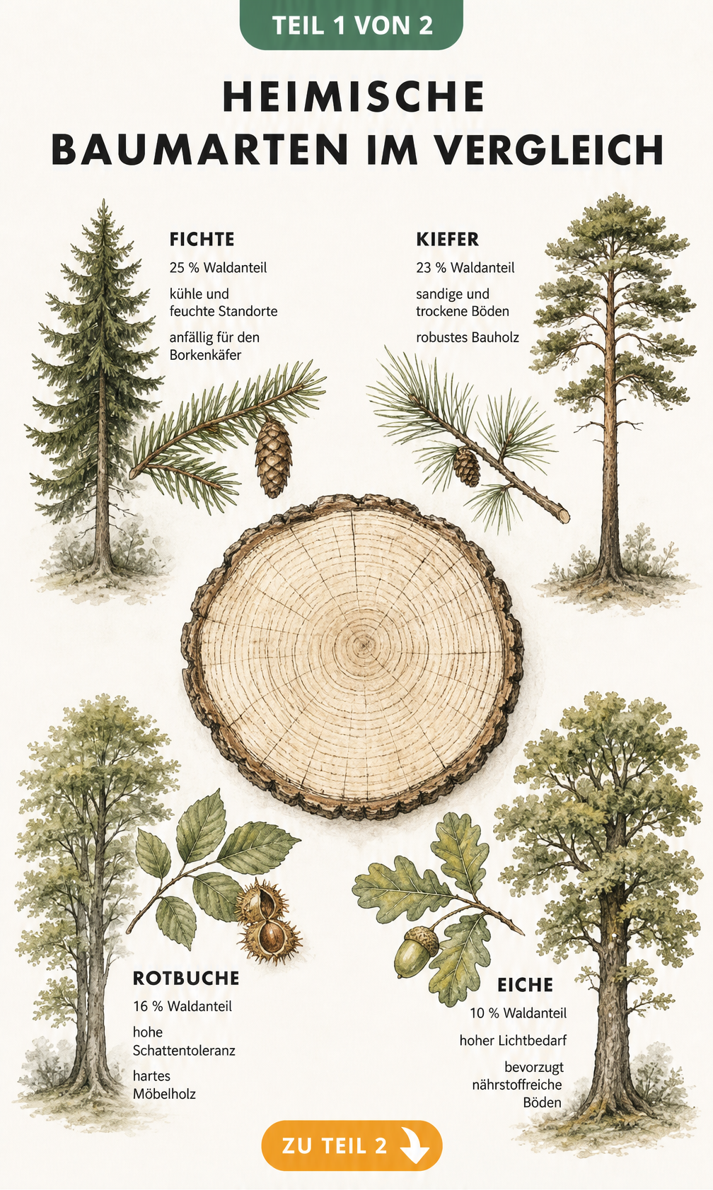 Botanische Illustration der vier häufigsten heimischen Baumarten: Fichte, Kiefer, Rotbuche und Eiche mit Jahresringen und Waldanteil