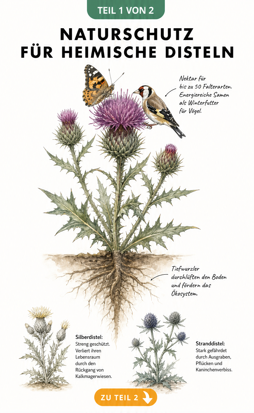 Botanische Zeichnung einer Acker-Kratzdistel mit Distelfalter und Distelfink sowie Silberdistel und Stranddistel