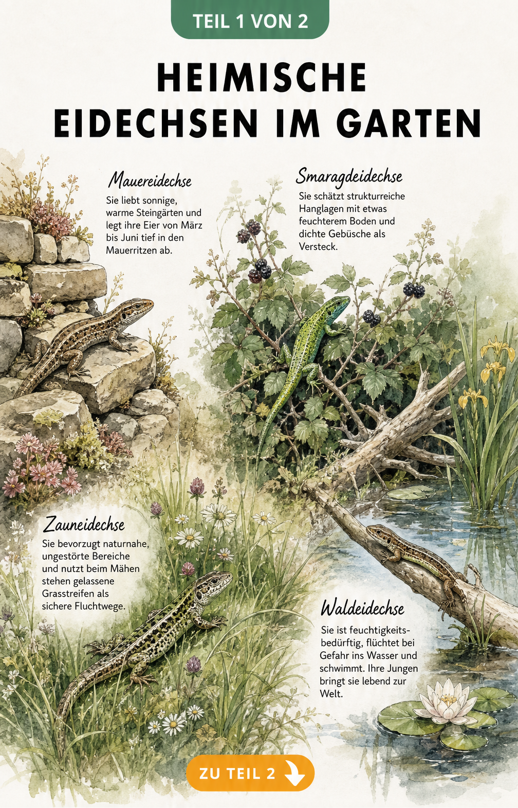 Illustration von vier heimischen Eidechsenarten in ihren bevorzugten Gartenlebensräumen von Trockenmauer bis Gartenteich