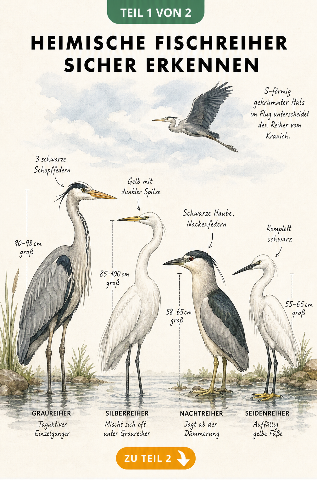 Illustration von vier heimischen Fischreiher-Arten im Vergleich: Graureiher, Silberreiher, Nachtreiher und Seidenreiher mit Größenangaben und Merkmalen.
