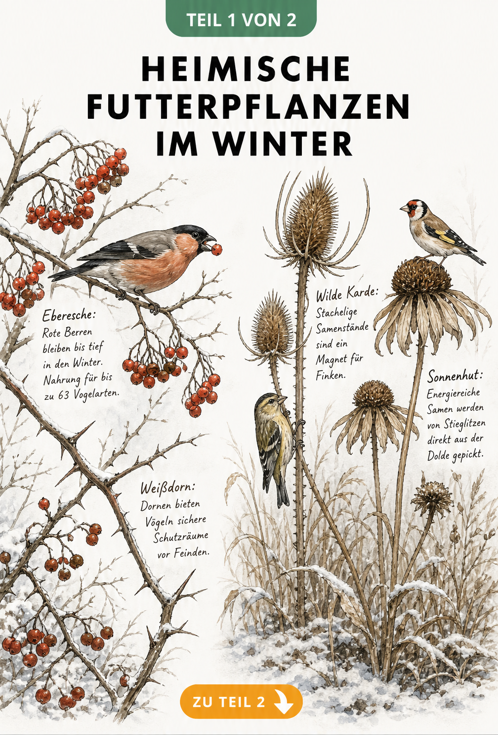 Botanische Illustration von Eberesche, Weißdorn, Wilder Karde und Sonnenhut mit Vögeln im Winter