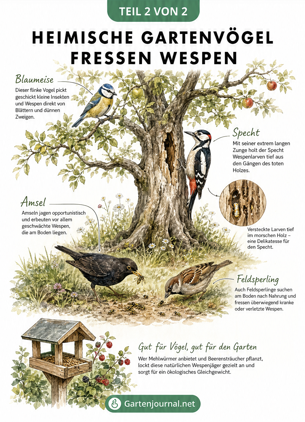 Illustration von Blaumeise, Specht, Amsel und Feldsperling bei der Nahrungssuche an einem Obstbaum