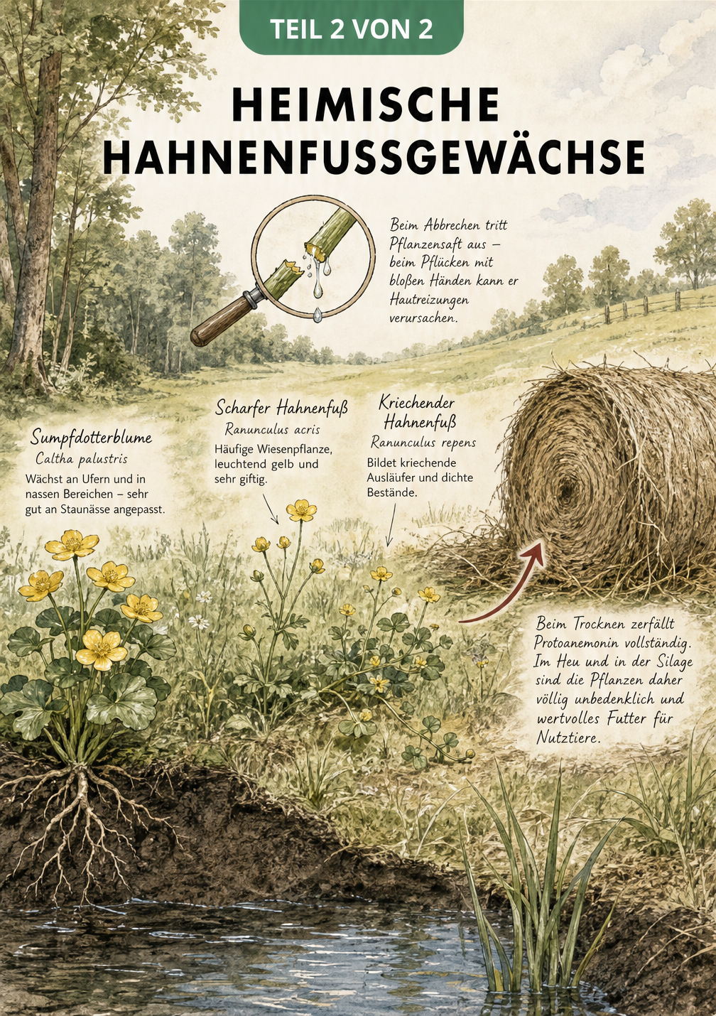Landschaftsquerschnitt mit heimischen Hahnenfußgewächsen wie Sumpfdotterblume und Scharfer Hahnenfuß, inklusive Hinweis auf Giftabbau im Heu.