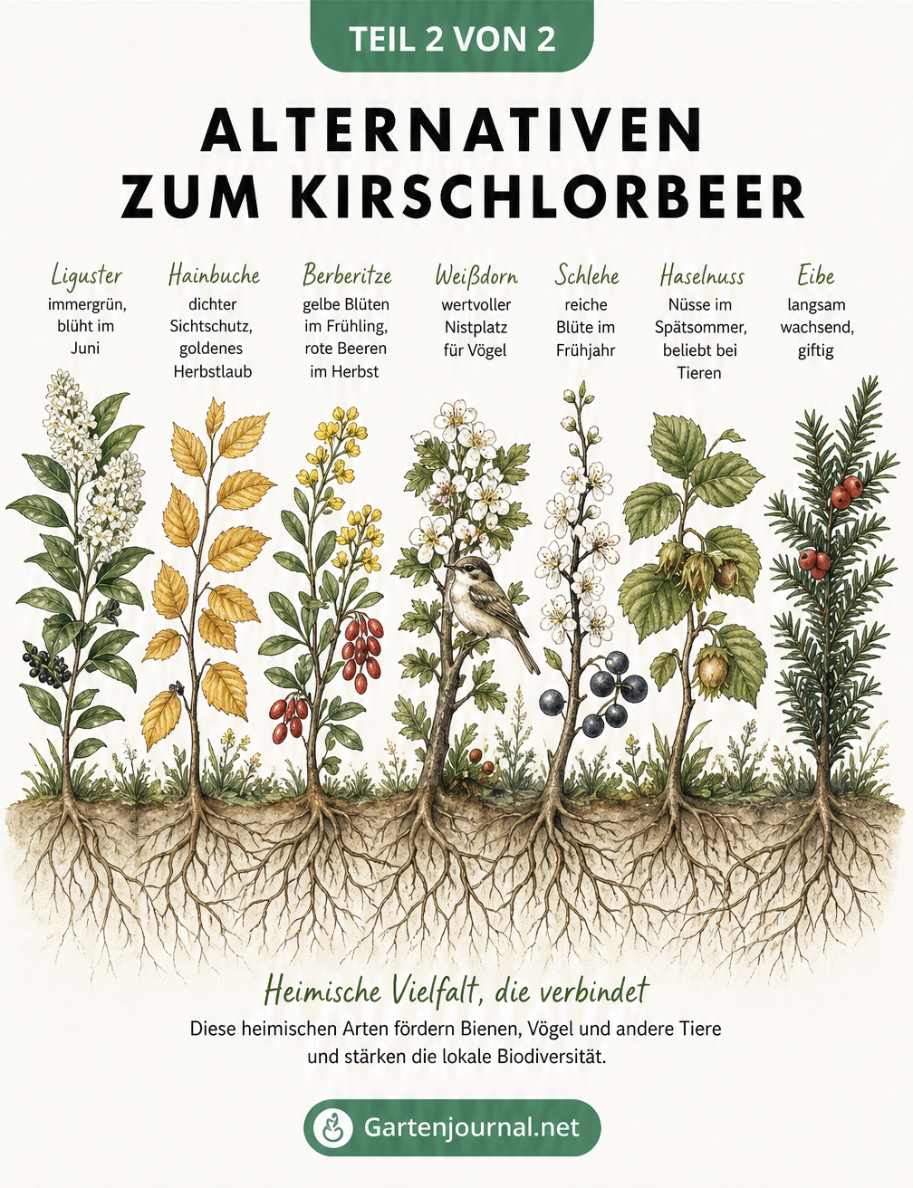 Illustration von sieben heimischen Heckenpflanzen wie Liguster, Hainbuche und Weißdorn als ökologische Alternativen