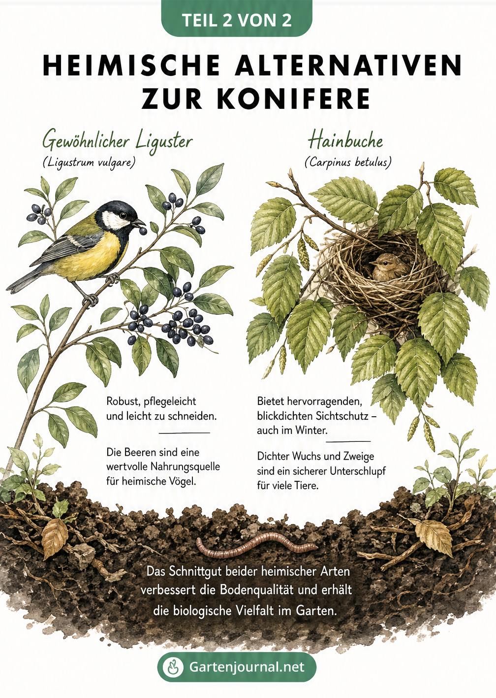 Aquarell-Illustration von Gewöhnlichem Liguster und Hainbuche als umweltfreundliche Heckenpflanzen mit Vögeln