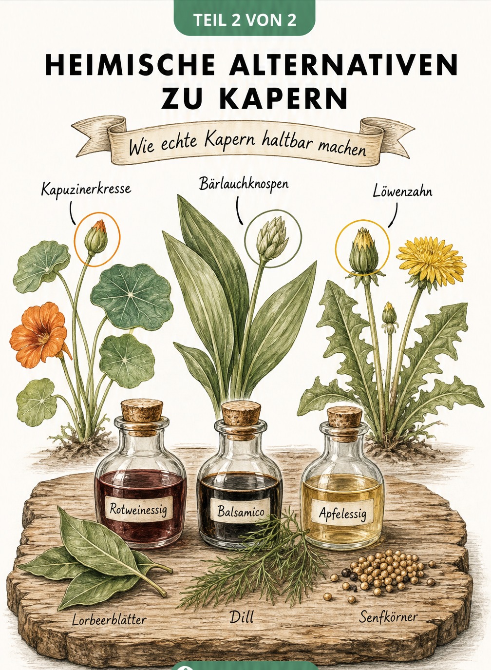 Zeichnung von Kapuzinerkresse, Bärlauch und Löwenzahn als heimische Alternativen zu Kapern