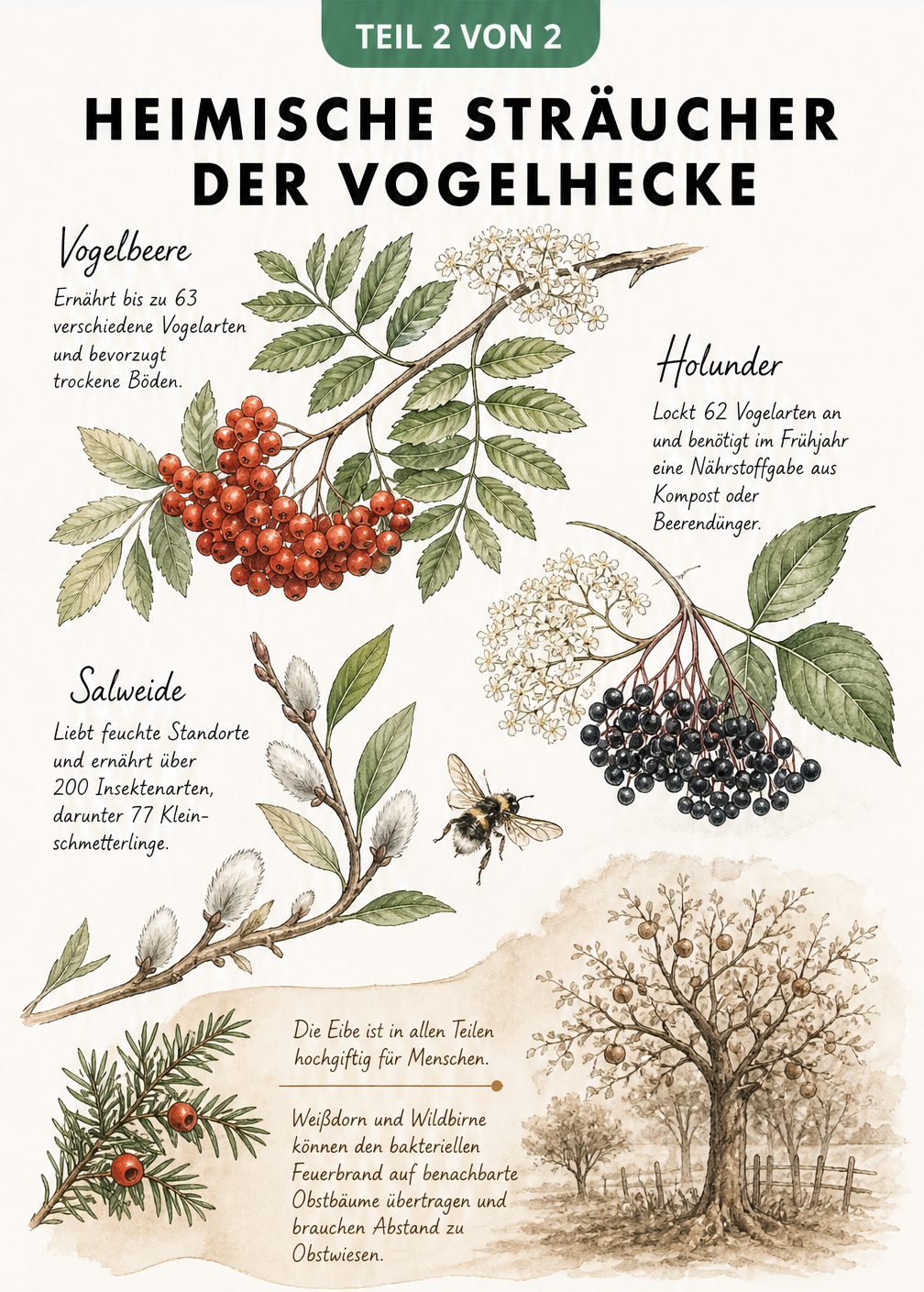 Detailreiche Flora-Tafel mit Zweigen von Vogelbeere, Holunder und Salweide sowie einer Warnung vor giftiger Eibe und Feuerbrand
