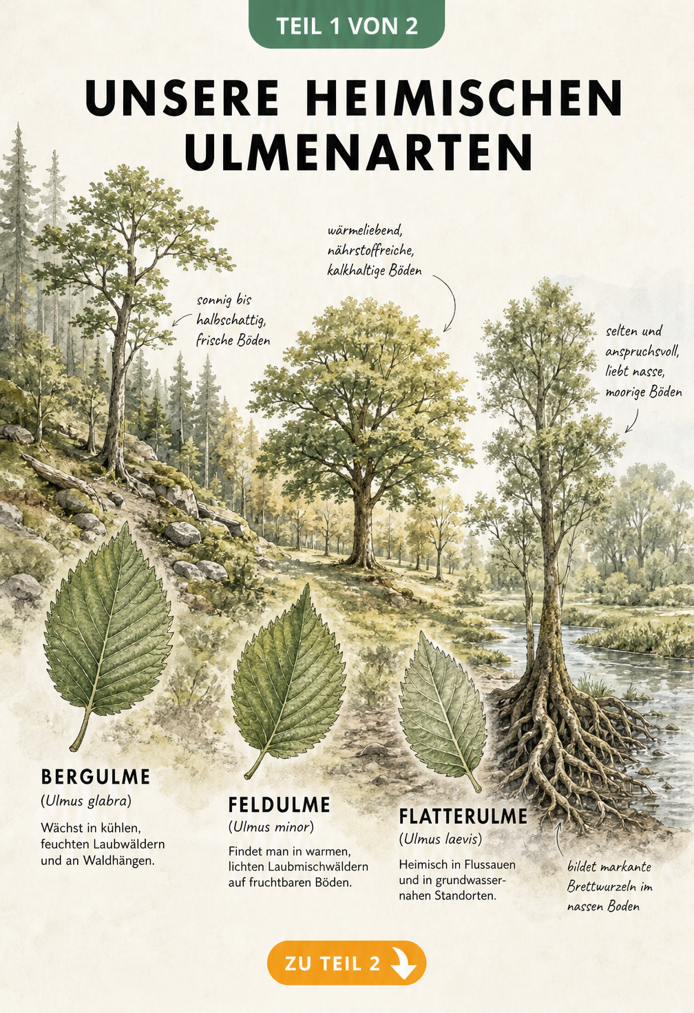 Illustration der drei heimischen Ulmenarten Bergulme, Feldulme und Flatterulme in ihren typischen Lebensräumen