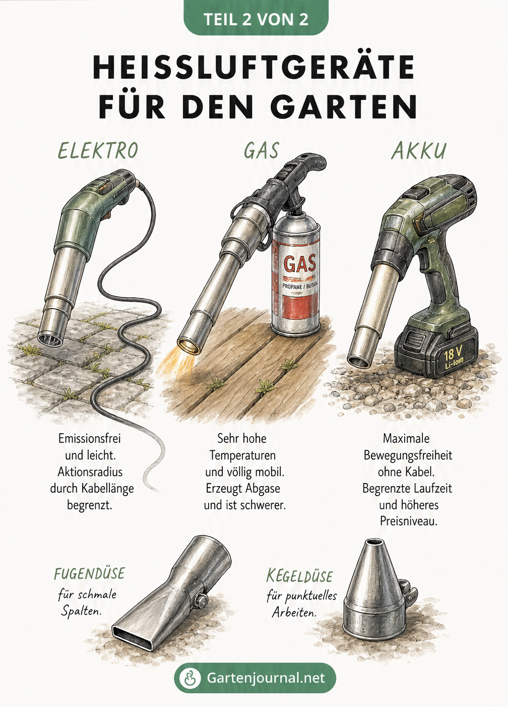 Drei verschiedene Heißluftgeräte für den Garten: ein Elektro-Modell mit Kabel, ein Gas-Modell mit Kartusche und ein Akku-Modell, sowie zwei Düsenaufsätze.