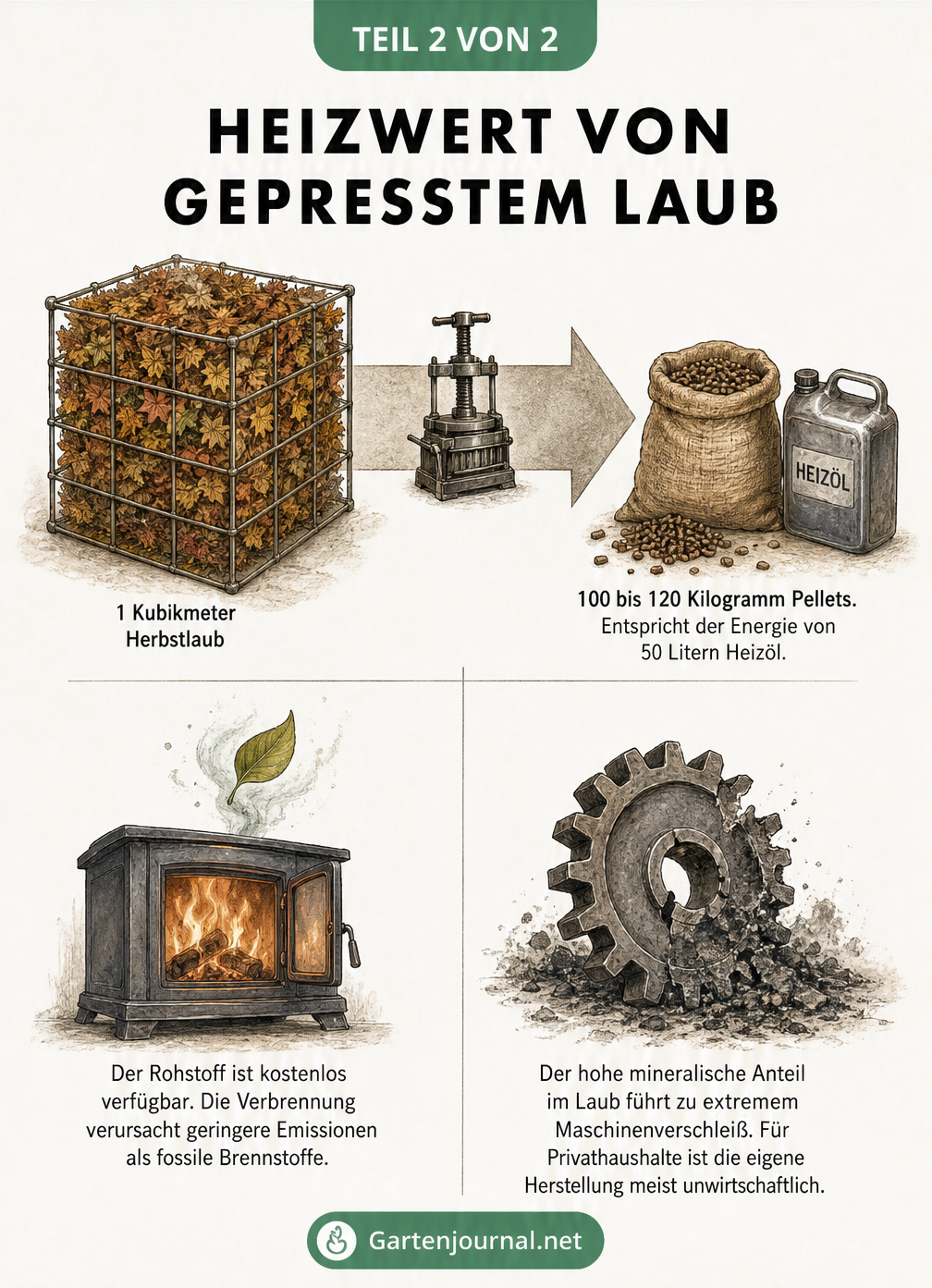 Vergleich des Heizwerts von einem Kubikmeter gepresstem Laub mit Heizöl