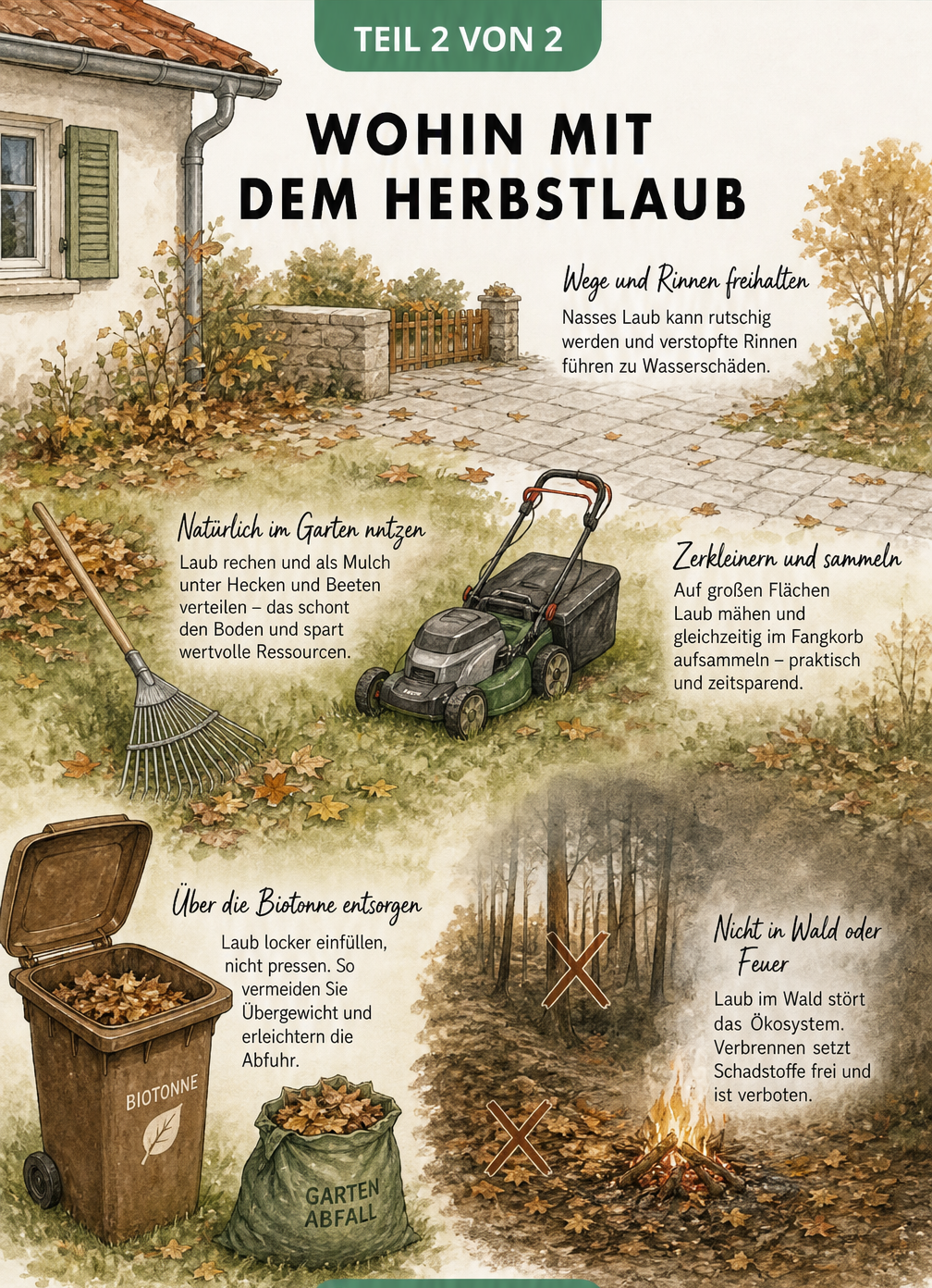 Illustration zur Laubentsorgung: Sauberer Gehweg, Laubrechen, Rasenmäher, Biotonne und durchgestrichenes Feuer am Waldrand.