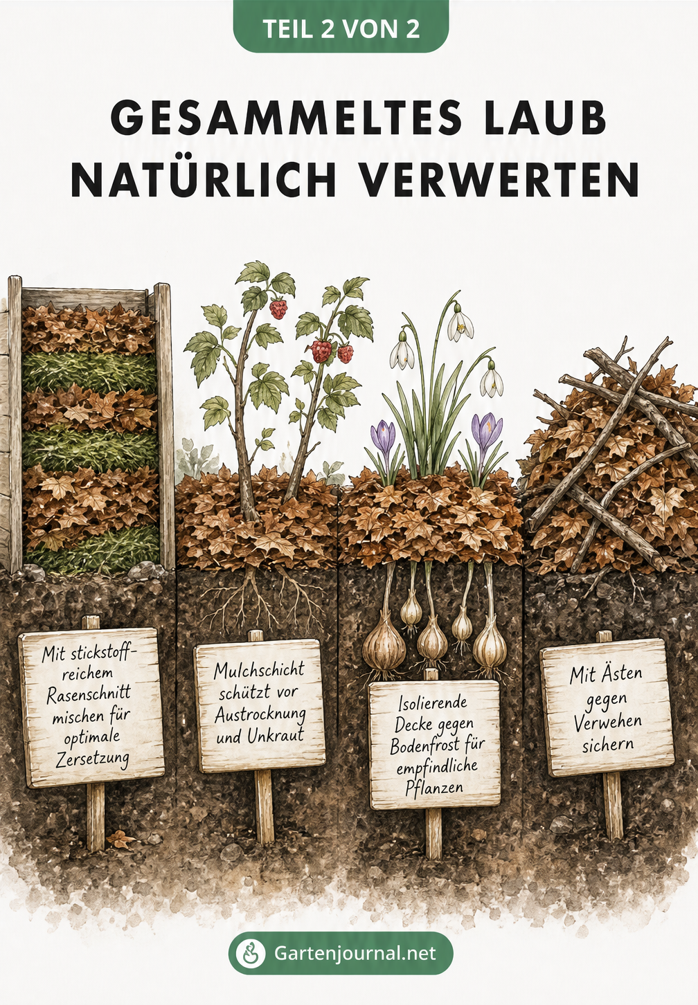 Illustration verschiedener Verwertungsmöglichkeiten für Herbstlaub im Garten, wie Kompost, Mulch und Frostschutz.