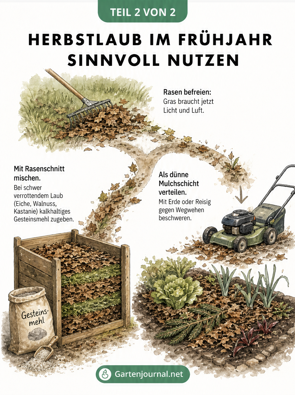 Illustration zur sinnvollen Nutzung von Herbstlaub im Frühjahr durch Kompostierung und Mulchen im Garten.