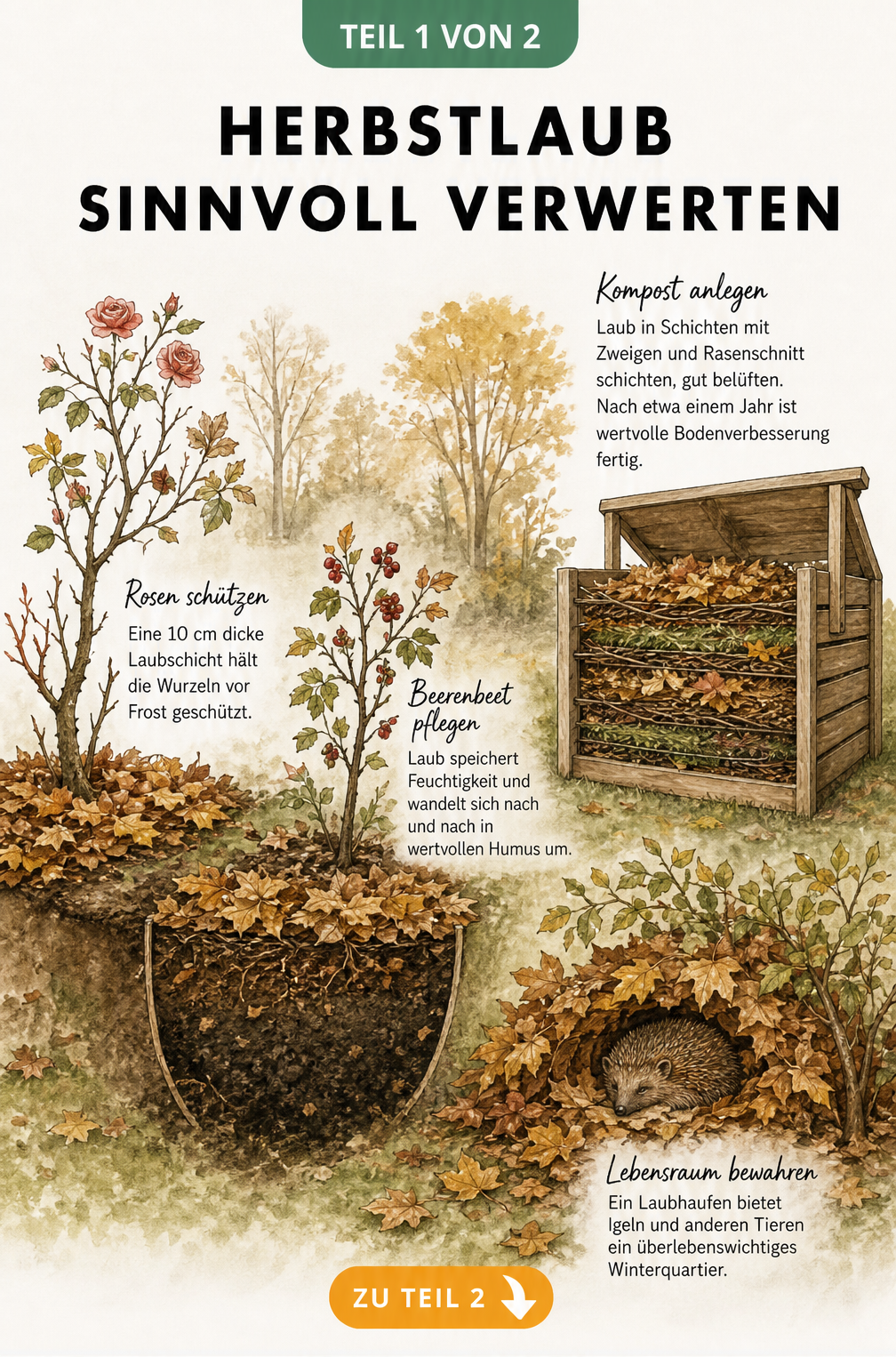 Querschnitt eines Gartens im Herbst: Laub als Frostschutz für Rosen, Humusbildung im Beerenbeet, Igel im Laubhaufen und Laub im Komposter.
