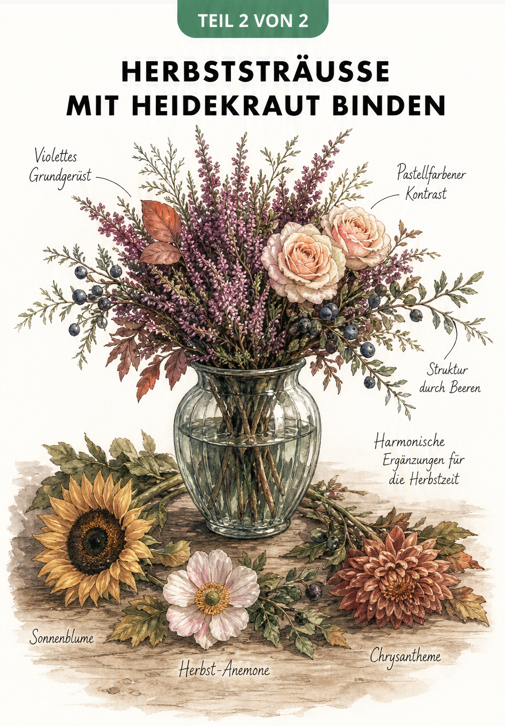 Vintage-Illustration eines Herbststraußes mit Heidekraut, Rosen und Wacholderzweigen