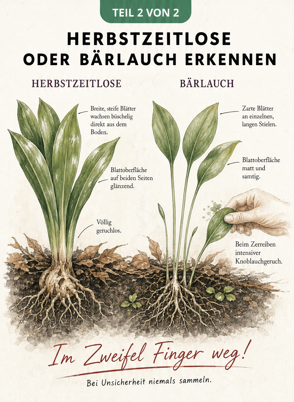 Querschnitt-Ansicht des Waldbodens mit Blättern von Herbstzeitlose und Bärlauch im Vergleich