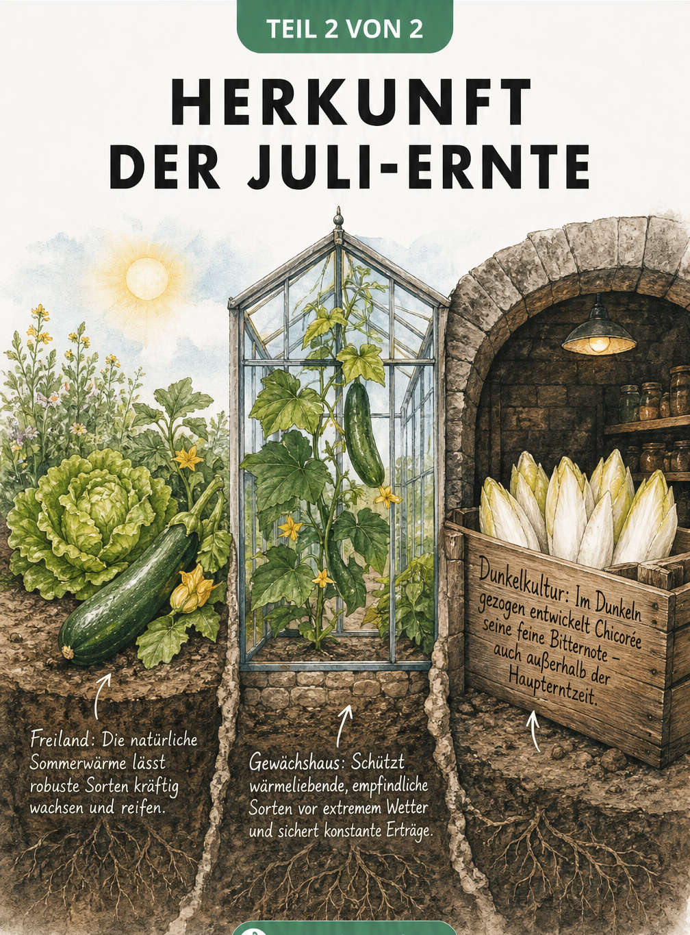 Querschnitt durch drei Klimazonen: Freiland, Gewächshaus und Lagerkeller für Juli-Gemüse