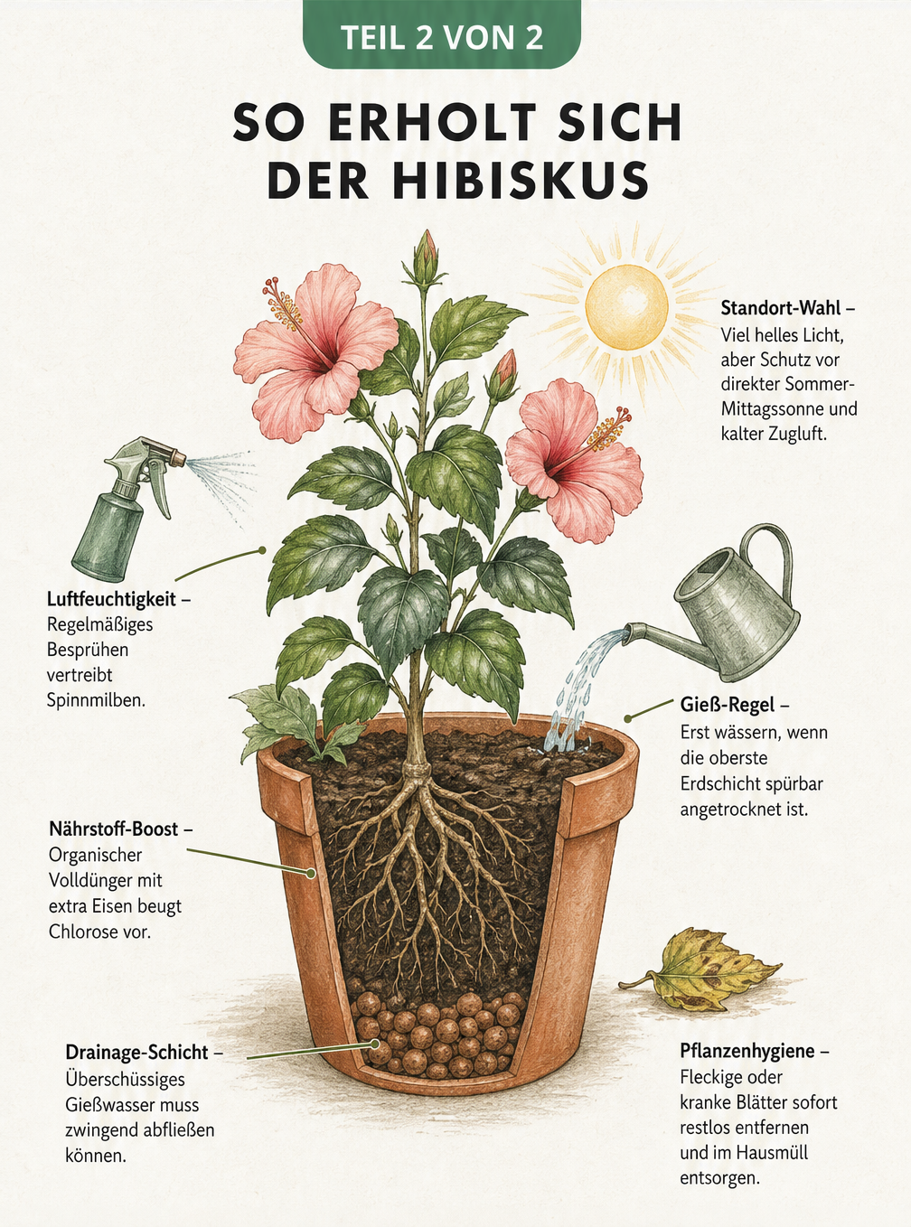Illustration eines gesunden Hibiskus im Topf mit Tipps zur Pflege wie Drainage, Gieß-Regel, Dünger, Luftfeuchtigkeit und Standort.