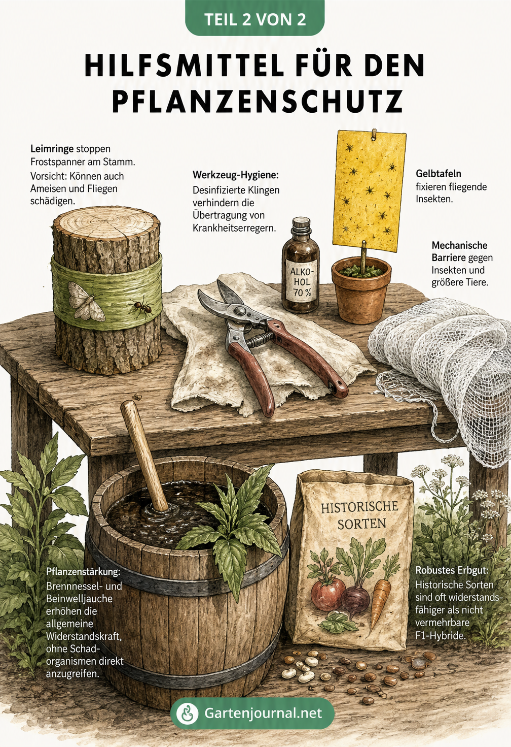Illustration eines Pflanztisches mit Leimring, desinfizierter Gartenschere, Gelbtafel, Kulturschutznetz, Pflanzenjauche und historischem Saatgut