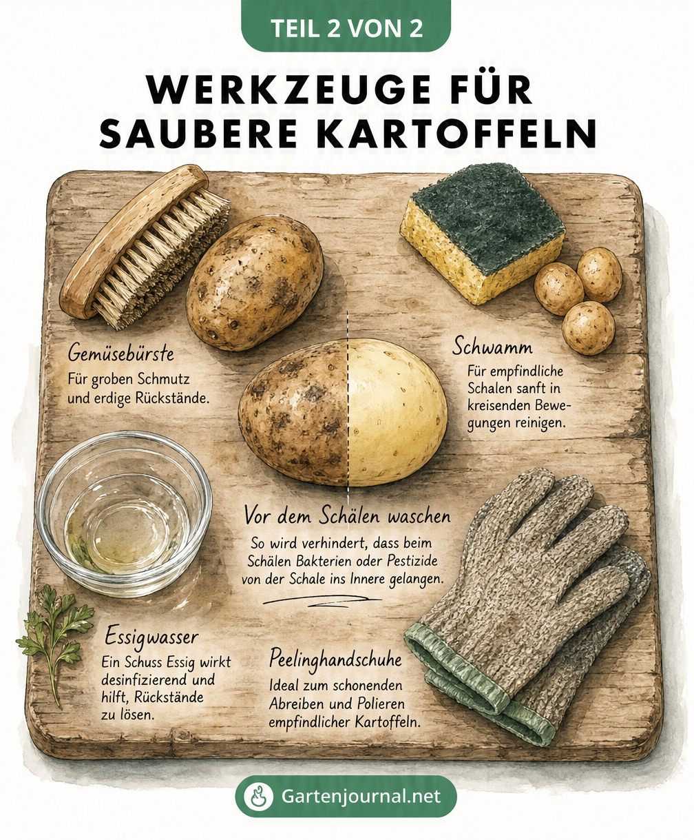 Zeichnung verschiedener Hilfsmittel zum Kartoffelwaschen wie Gemüsebürste, Schwamm, Essigwasser und Peelinghandschuhe