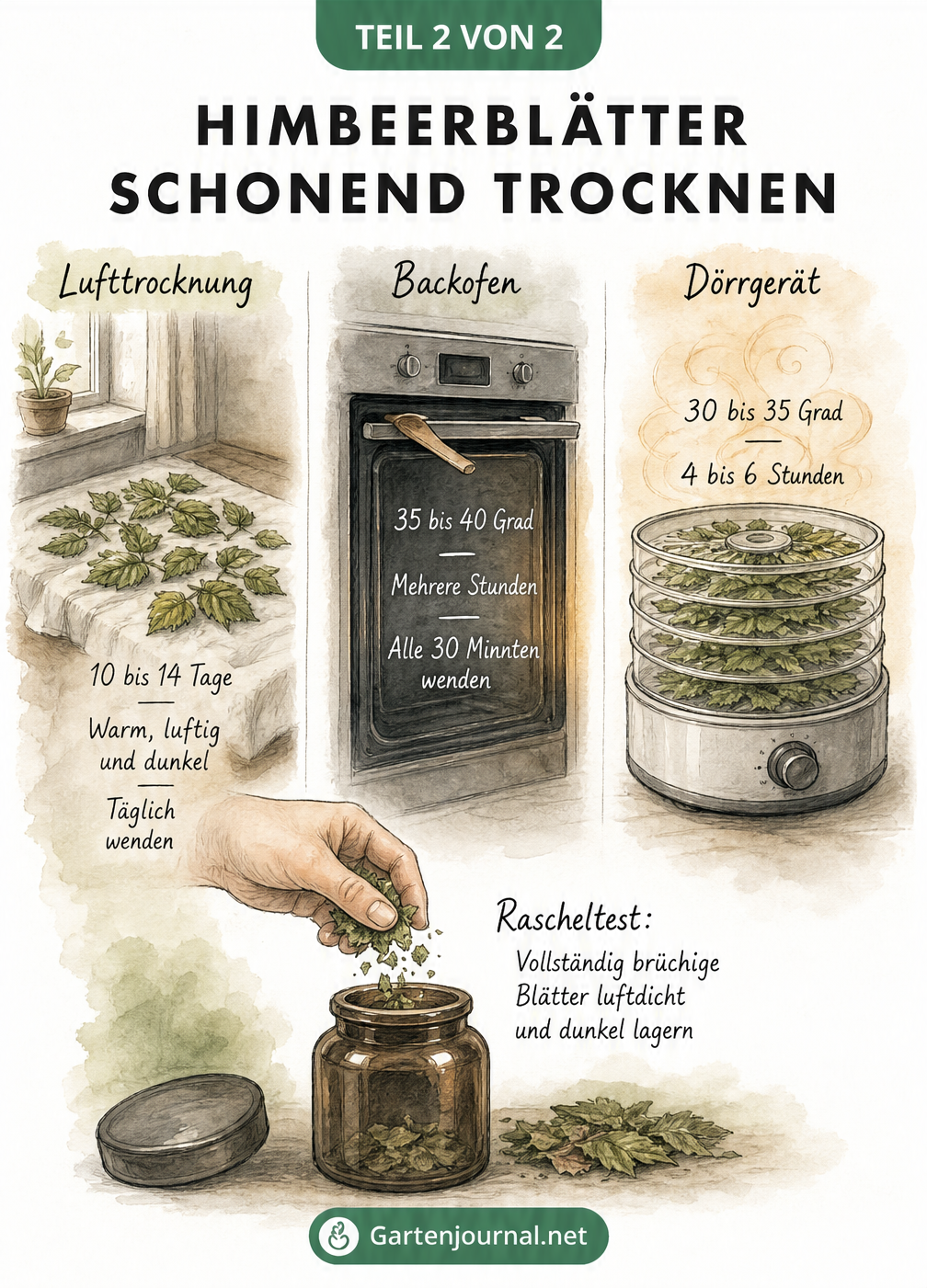 Vergleich der Trocknungsmethoden für Himbeerblätter: Lufttrocknung, Backofen und Dörrgerät