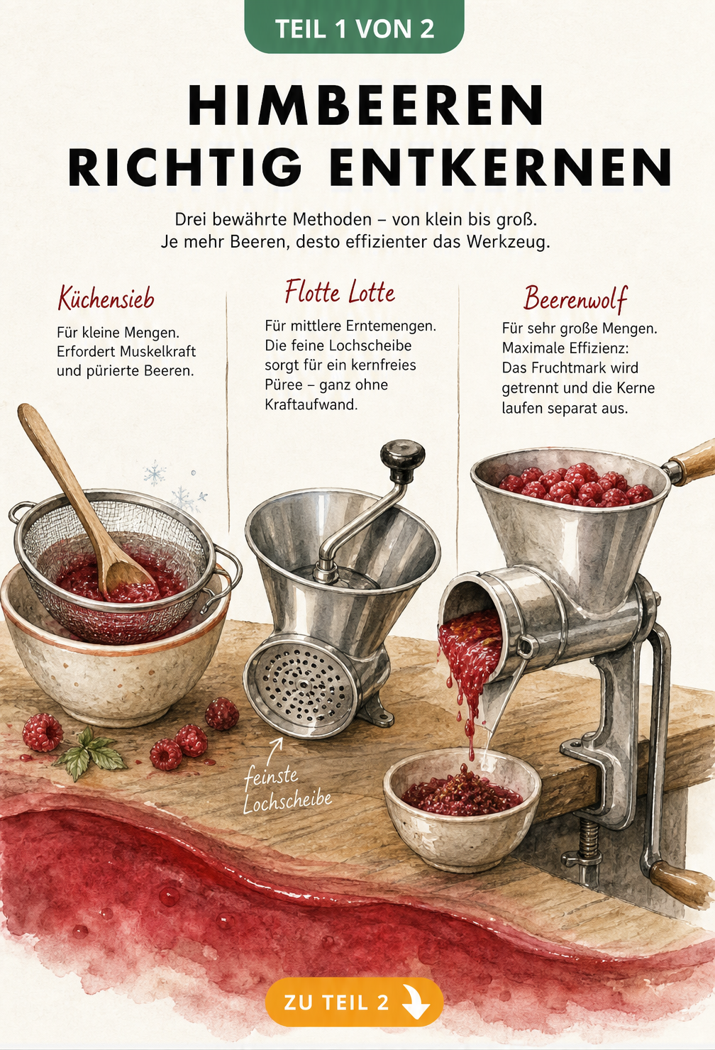 Illustration von drei Methoden zum Entkernen von Himbeeren: Küchensieb, Flotte Lotte und Beerenwolf auf einer Holzarbeitsplatte.