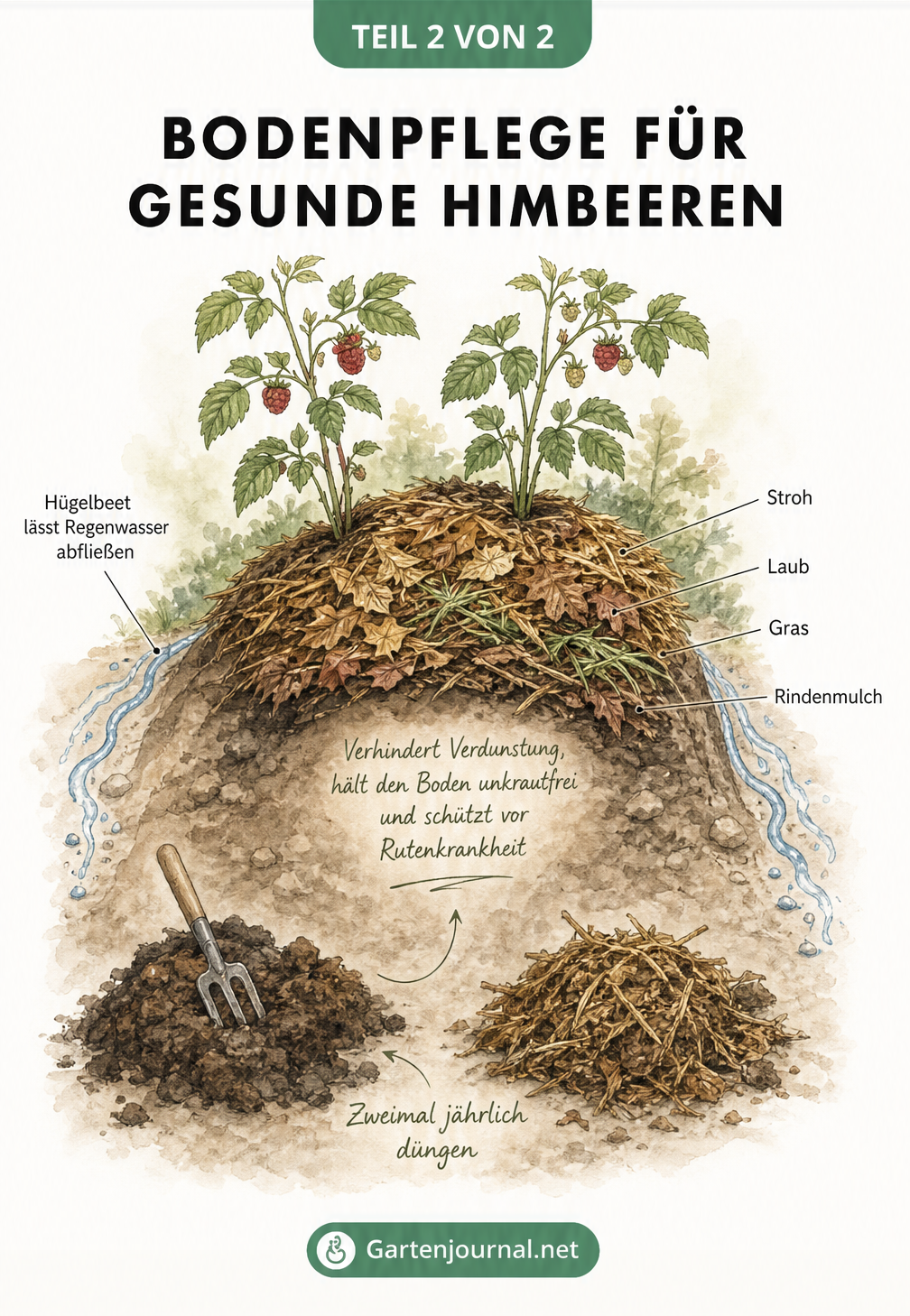 Illustration eines Hügelbeets für Himbeeren mit einer Mulchschicht aus Stroh, Laub und Rindenmulch sowie organischem Dünger.