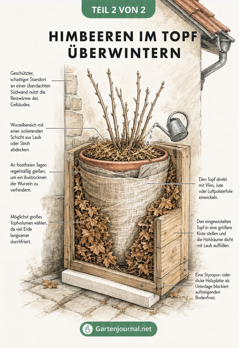 Schnittzeichnung eines Himbeertopfes mit Isolationsschichten aus Laub, Vlies und Styropor