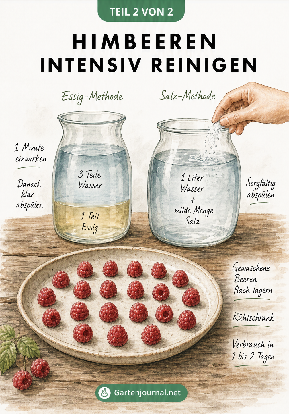 Illustration von zwei Glasgefäßen mit Essig- und Salzwasser sowie einer flachen Schale mit sauberen Himbeeren