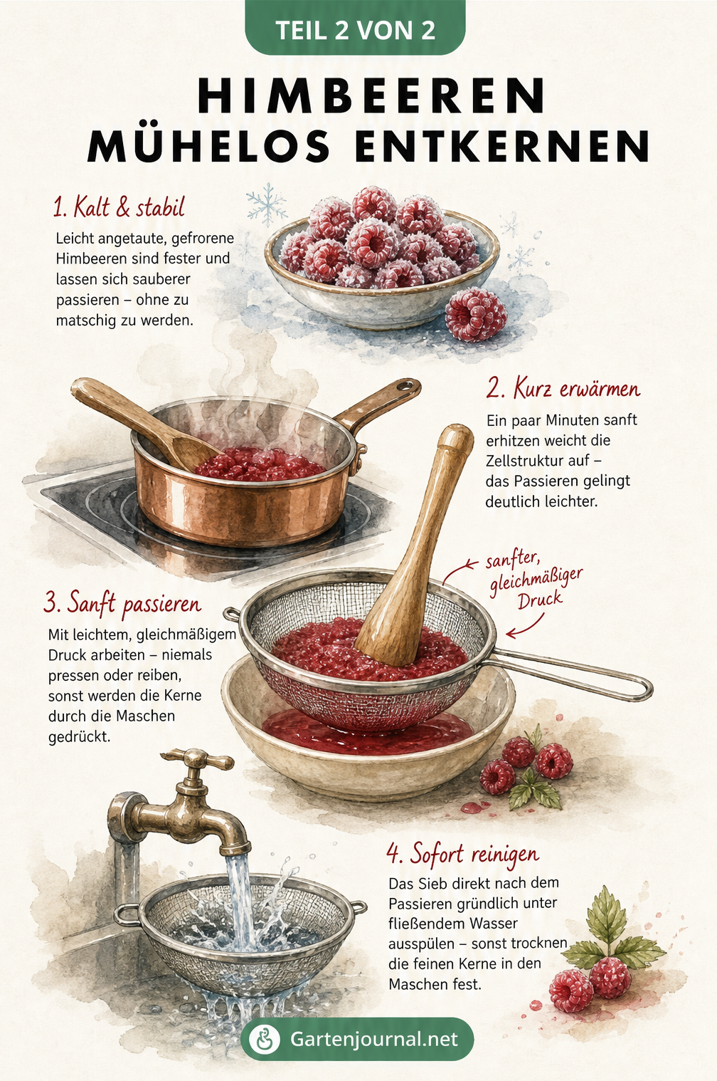 Illustration der Vorbereitung zum Himbeeren entkernen: gefrorene Beeren, Erhitzen im Topf, sanftes Passieren und sofortige Reinigung des Siebs.