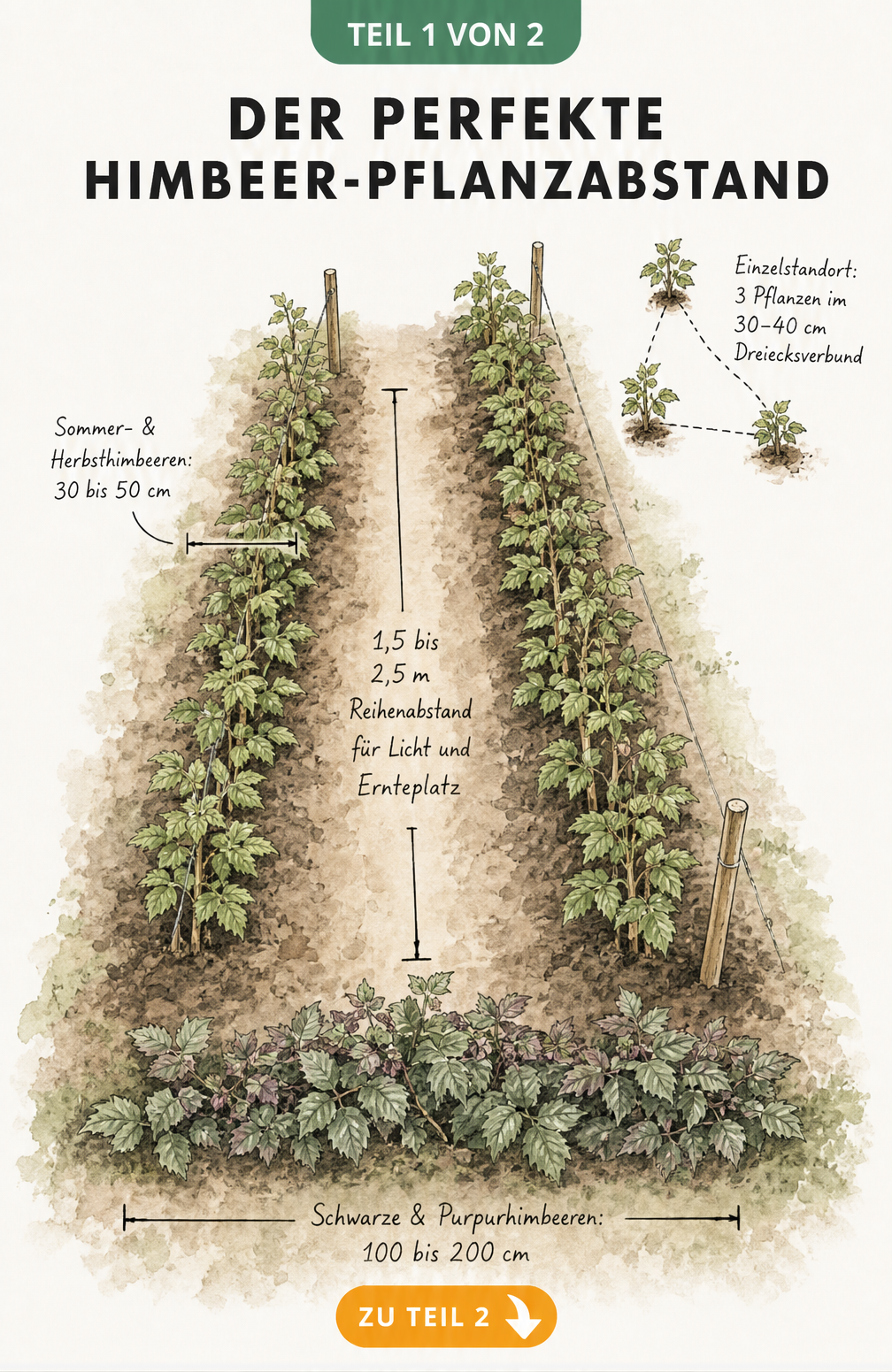 Illustration eines Gartenbeets mit Himbeerreihen und Maßlinien für den optimalen Pflanzabstand