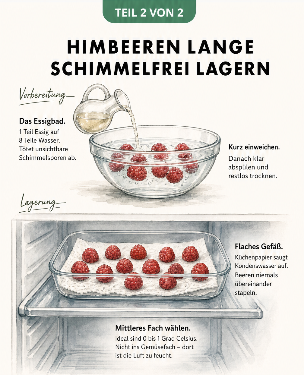 Querschnitt-Zeichnung einer Schüssel mit Himbeeren im Essigbad und der richtigen Lagerung im Kühlschrank auf Küchenpapier.