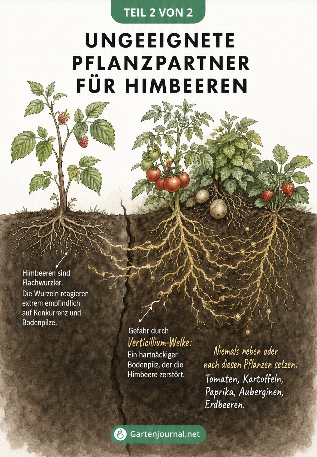 Illustration eines Himbeerstrauchs neben ungeeigneten Nachbarn wie Tomaten und Kartoffeln, die Bodenpilze übertragen