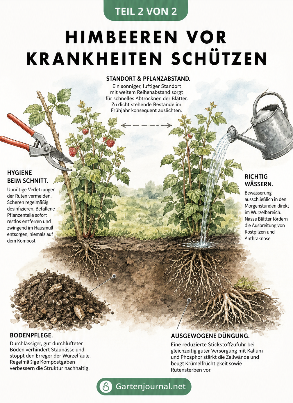 Aquarell-Skizze von zwei gesunden Himbeersträuchern im Gartenbeet mit Tipps zu Standort, Schnitt, Gießen, Bodenpflege und Düngung