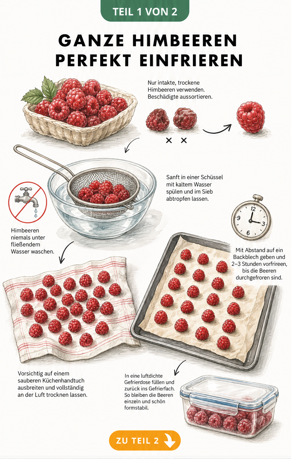 Illustration zur Vorbereitung von Himbeeren zum Einfrieren: Verlesen, Waschen im Wasserbad, Trocknen auf einem Tuch und Vorfrieren auf einem Backblech.