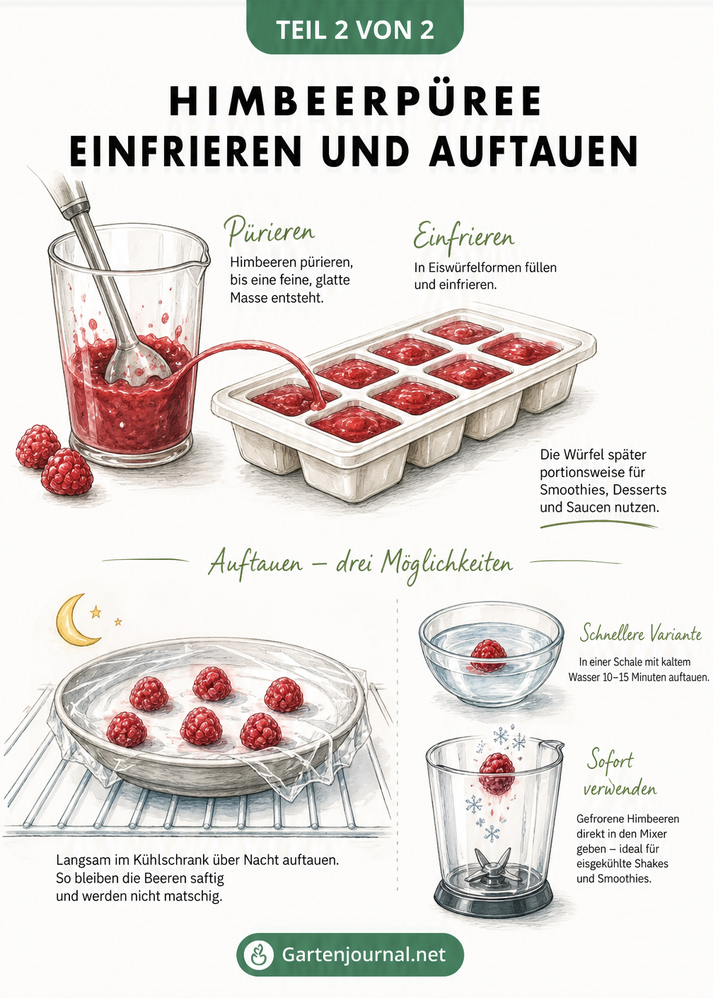 Illustration zum Einfrieren von Himbeerpüree in Eiswürfelformen und drei Methoden zum Auftauen ganzer Himbeeren: über Nacht im Kühlschrank, im Wasserbad oder...
