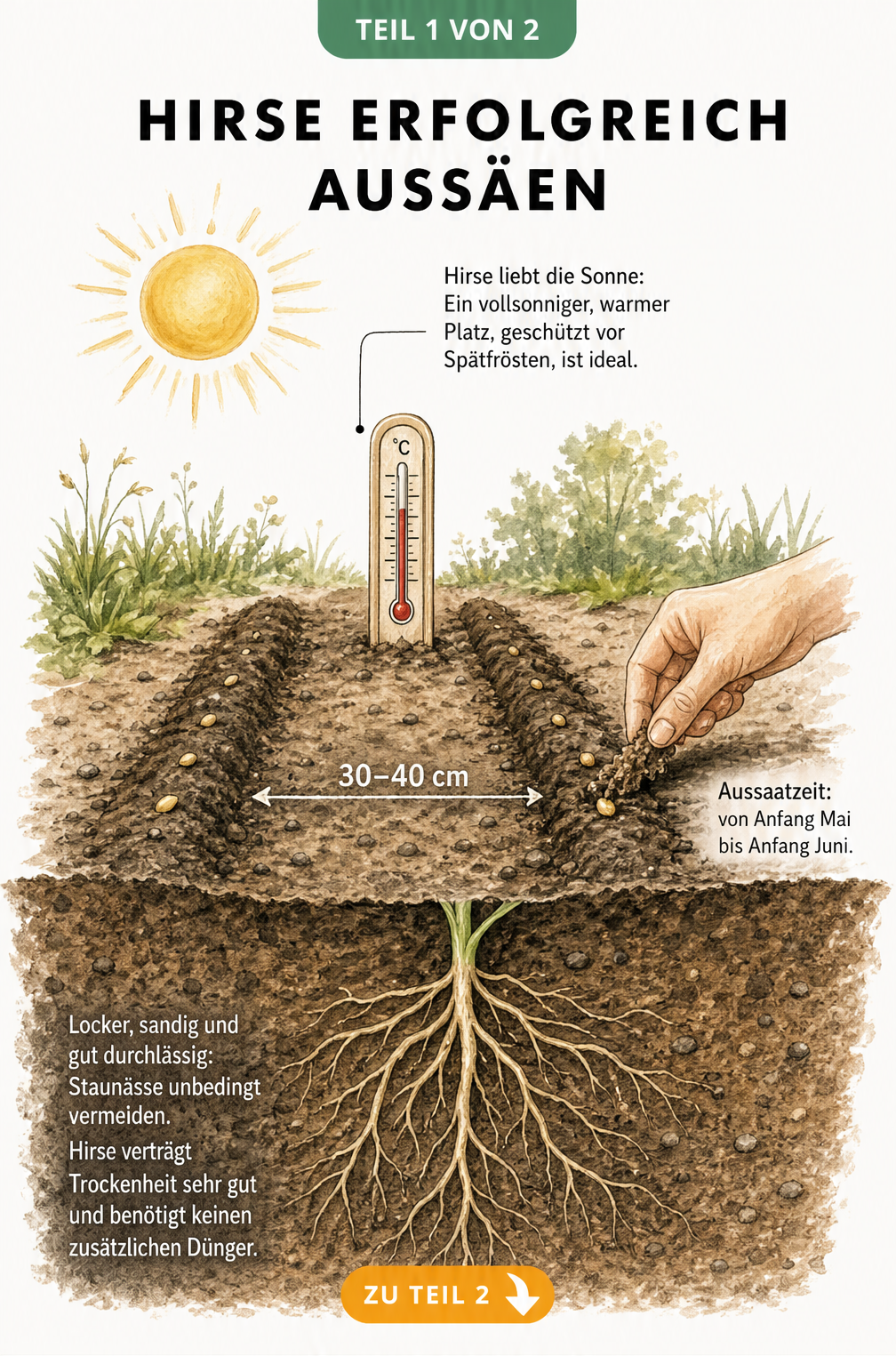 Botanische Querschnitt-Illustration eines Gartenbeets mit Hirse-Aussaat, Thermometer und Wurzelstruktur