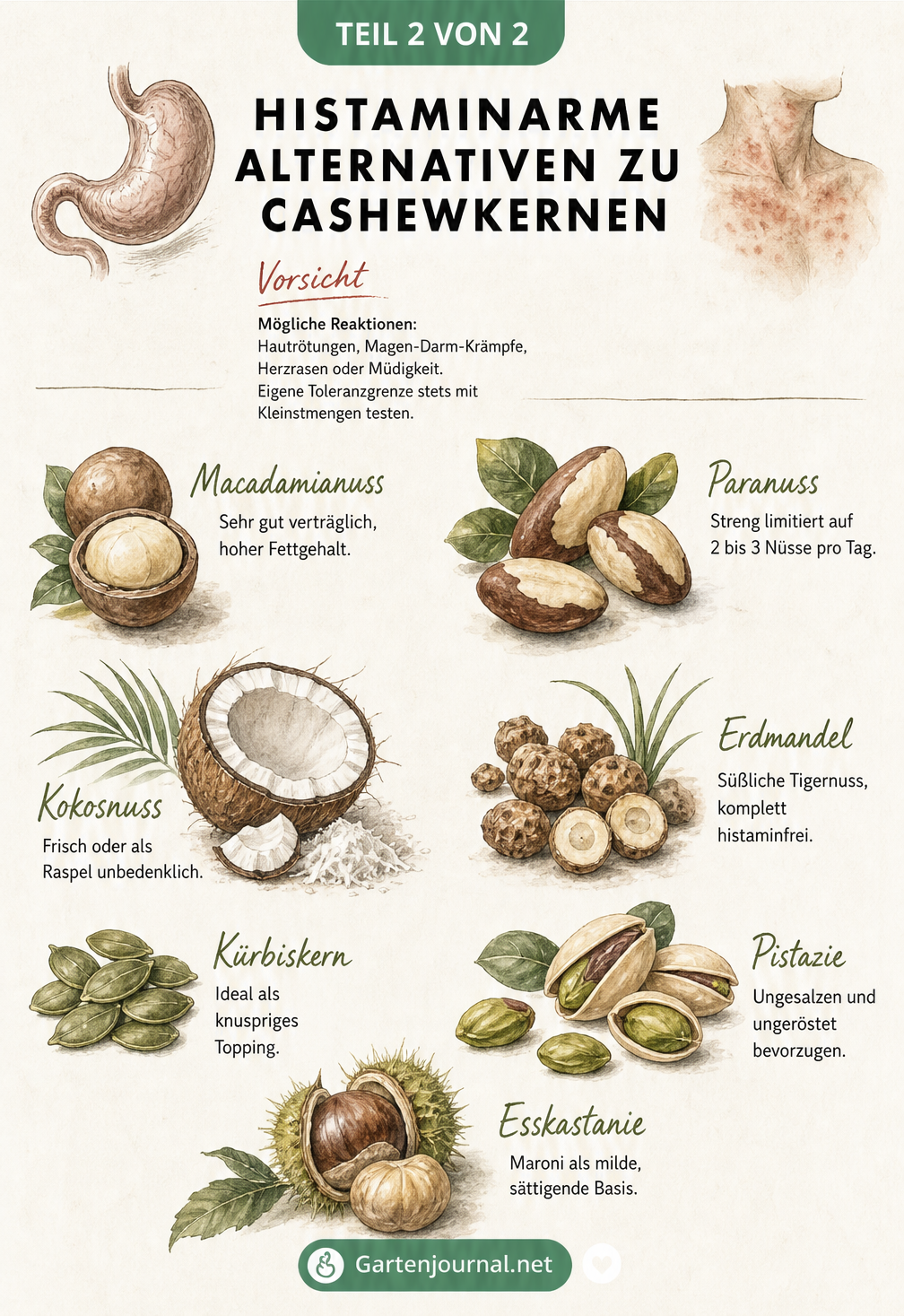 Vintage-Botanik-Poster mit sieben histaminarmen Alternativen zu Cashewkernen, darunter Macadamia, Kokosnuss, Erdmandel und Kürbiskerne.