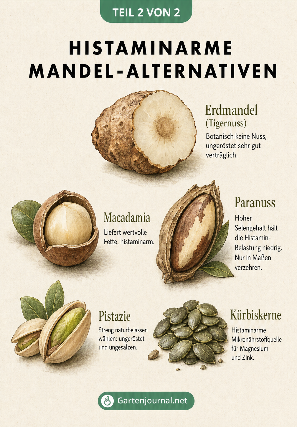 Illustration von histaminarmen Mandel-Alternativen wie Erdmandel, Macadamia, Paranuss, Pistazie und Kürbiskernen