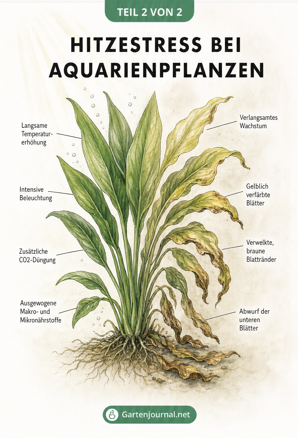 Illustration einer Aquarienpflanze, die links gesund wächst und rechts Symptome von Hitzestress zeigt