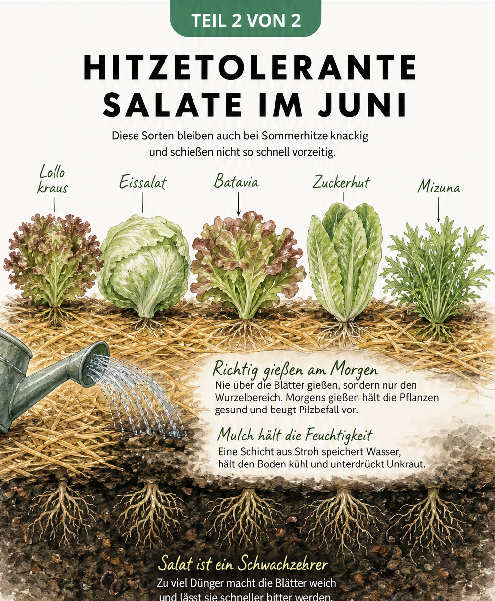 Botanische Illustration von hitzetoleranten Salatsorten wie Lollo, Eissalat und Batavia in einem gemulchten Hochbeet mit Gießkanne.