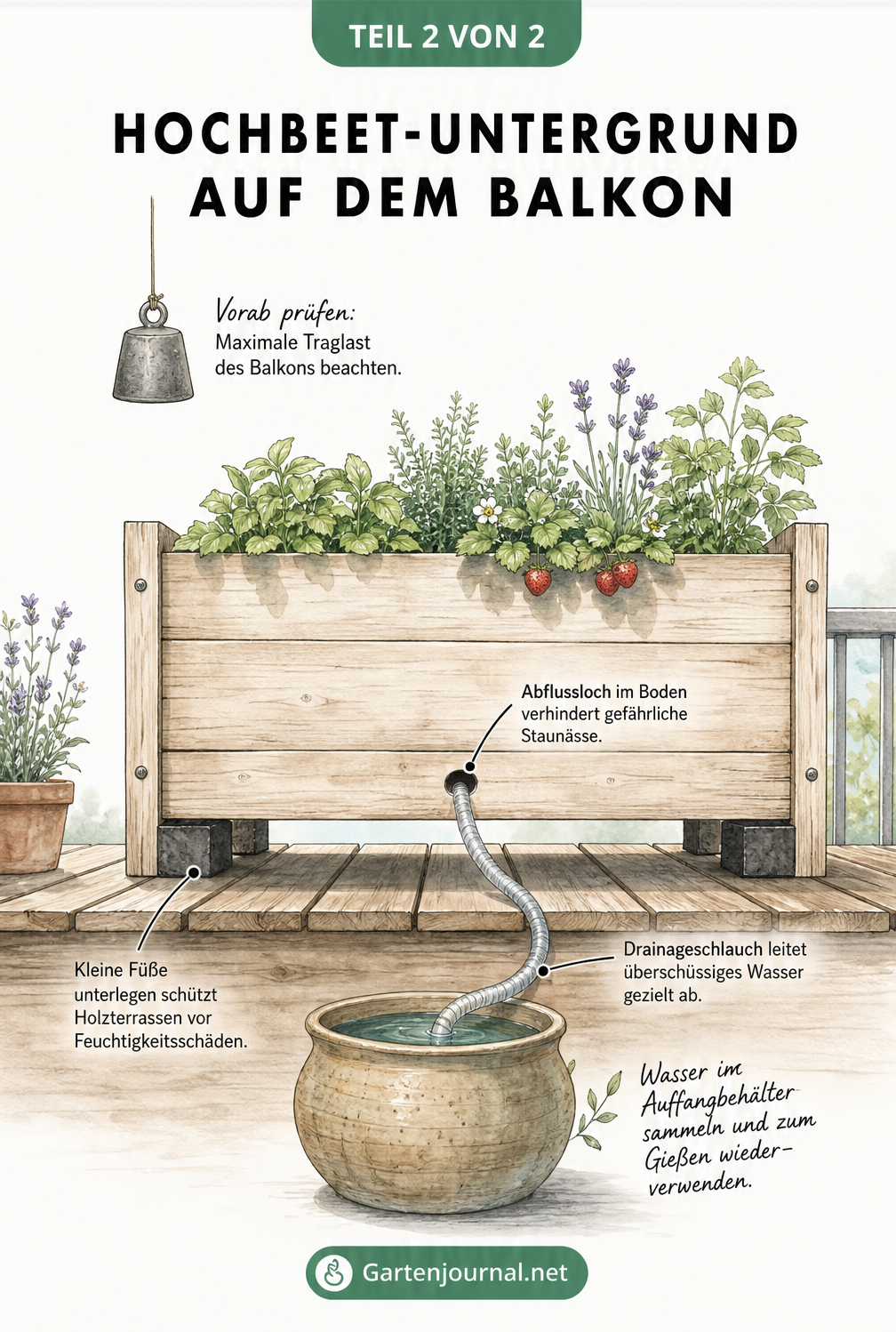 Querschnitt eines Hochbeets auf dem Balkon mit Abflussloch, Drainageschlauch und Auffangbehälter