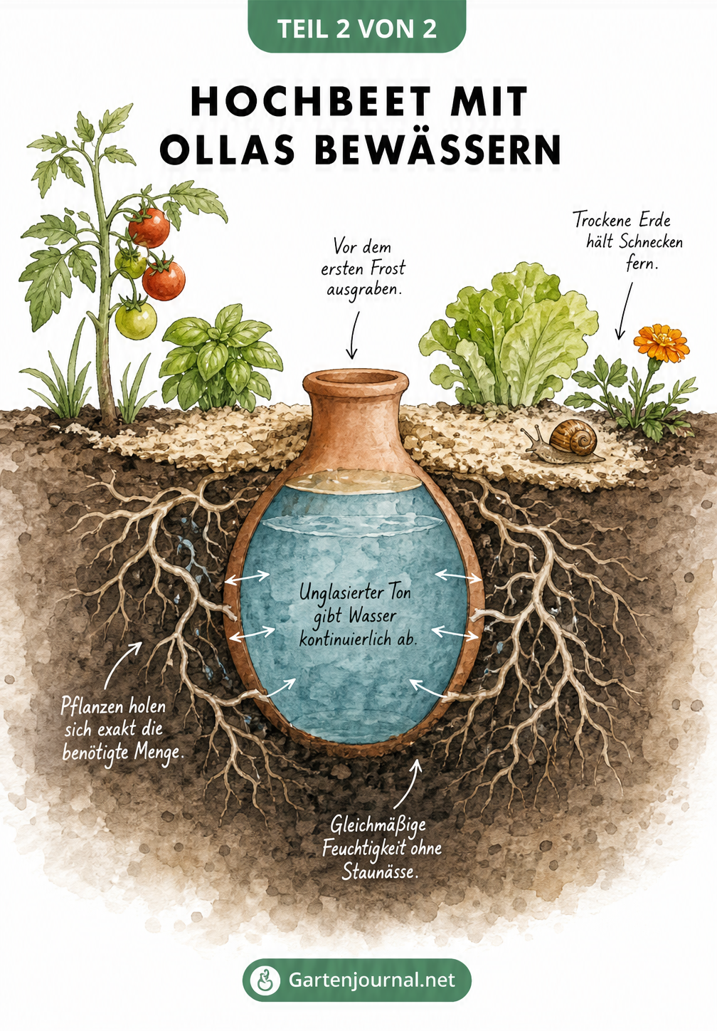 Querschnitt eines Hochbeets mit einer eingegrabenen Olla, umgeben von Pflanzenwurzeln und trockener Erde an der Oberfläche.